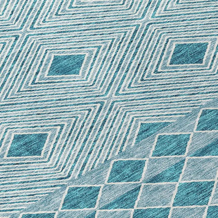 8' Teal Blue And Aqua Round Geometric Washable Indoor Outdoor Area Rug Photo 8