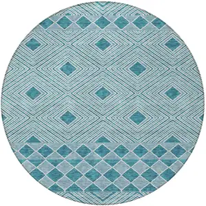 Photo of 8' Teal Blue And Aqua Round Geometric Washable Indoor Outdoor Area Rug