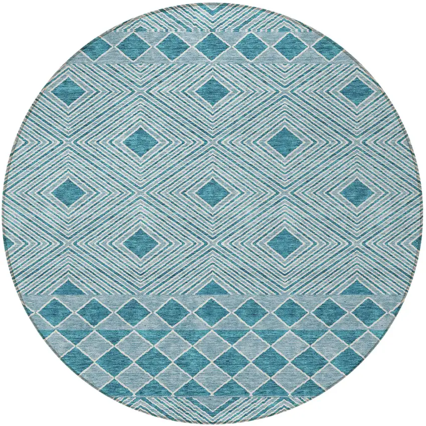 8' Teal Blue And Aqua Round Geometric Washable Indoor Outdoor Area Rug Photo 5