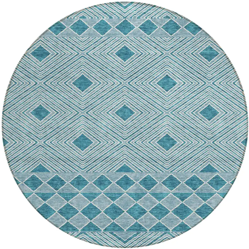 8' Teal Blue And Aqua Round Geometric Washable Indoor Outdoor Area Rug Photo 2