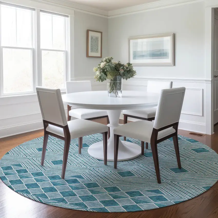 8' Teal Blue And Aqua Round Geometric Washable Indoor Outdoor Area Rug Photo 7