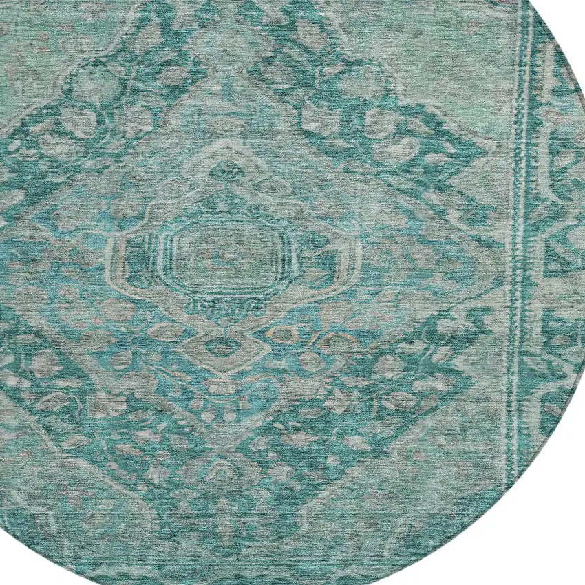 8' Teal Blue And Aqua Round Medallion Washable Indoor Outdoor Area Rug Photo 8