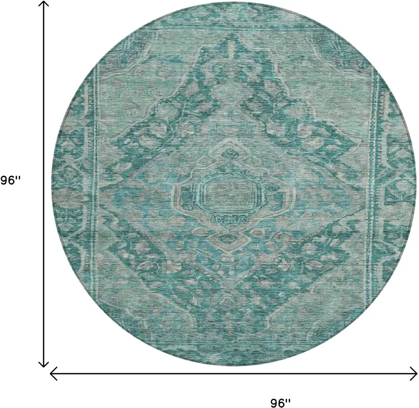 8' Teal Blue And Aqua Round Medallion Washable Indoor Outdoor Area Rug Photo 9