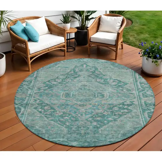 8' Teal Blue And Aqua Round Medallion Washable Indoor Outdoor Area Rug Photo 2