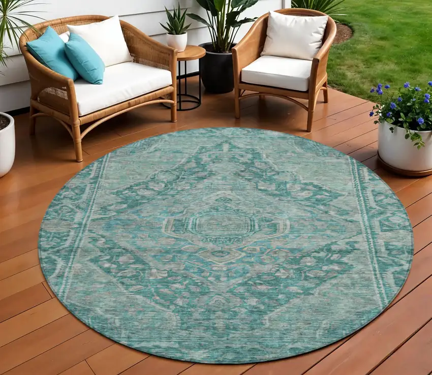 8' Teal Blue And Aqua Round Medallion Washable Indoor Outdoor Area Rug Photo 2