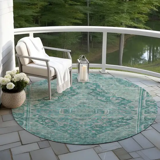 8' Teal Blue And Aqua Round Medallion Washable Indoor Outdoor Area Rug Photo 5