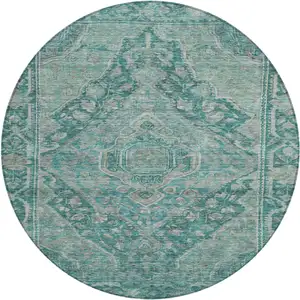 Photo of 8' Teal Blue And Aqua Round Medallion Washable Indoor Outdoor Area Rug