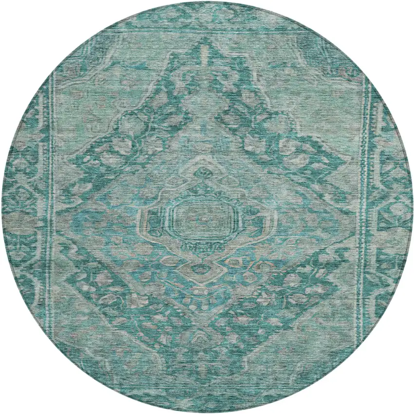 8' Teal Blue And Aqua Round Medallion Washable Indoor Outdoor Area Rug Photo 1