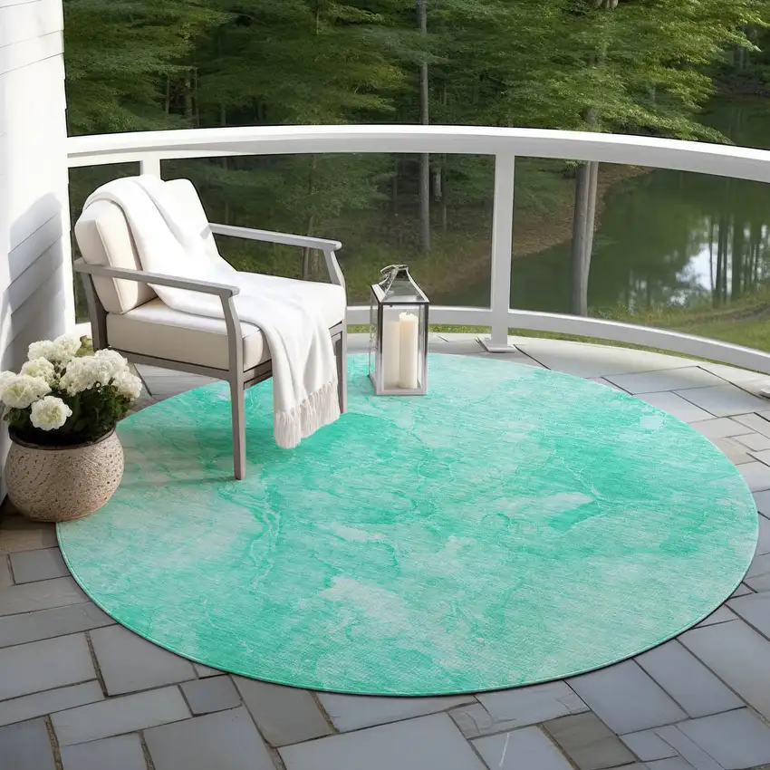 8' Teal Blue And Aqua Round Nautical Washable Indoor Outdoor Area Rug Photo 6