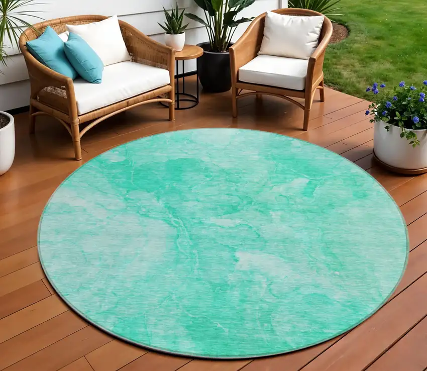 8' Teal Blue And Aqua Round Nautical Washable Indoor Outdoor Area Rug Photo 1