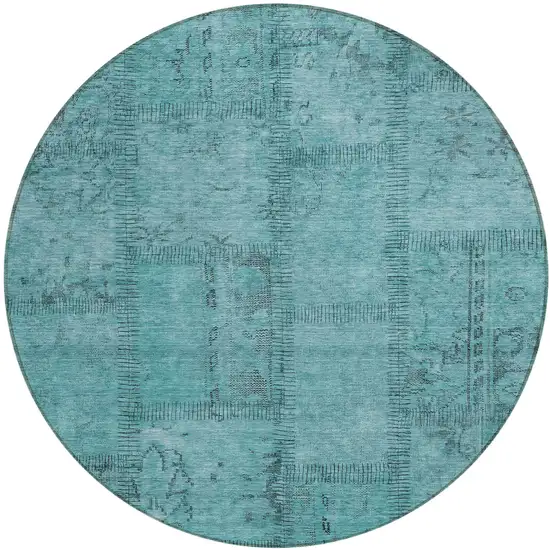 8' Teal Blue And Aqua Round Patchwork Washable Indoor Outdoor Area Rug Photo 2