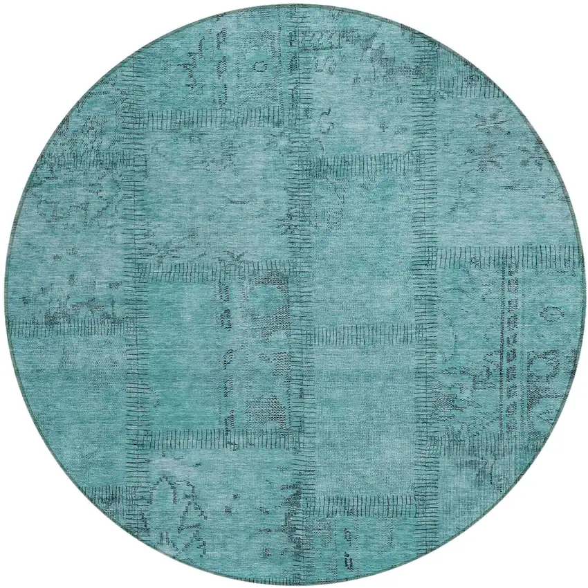 8' Teal Blue And Aqua Round Patchwork Washable Indoor Outdoor Area Rug Photo 2