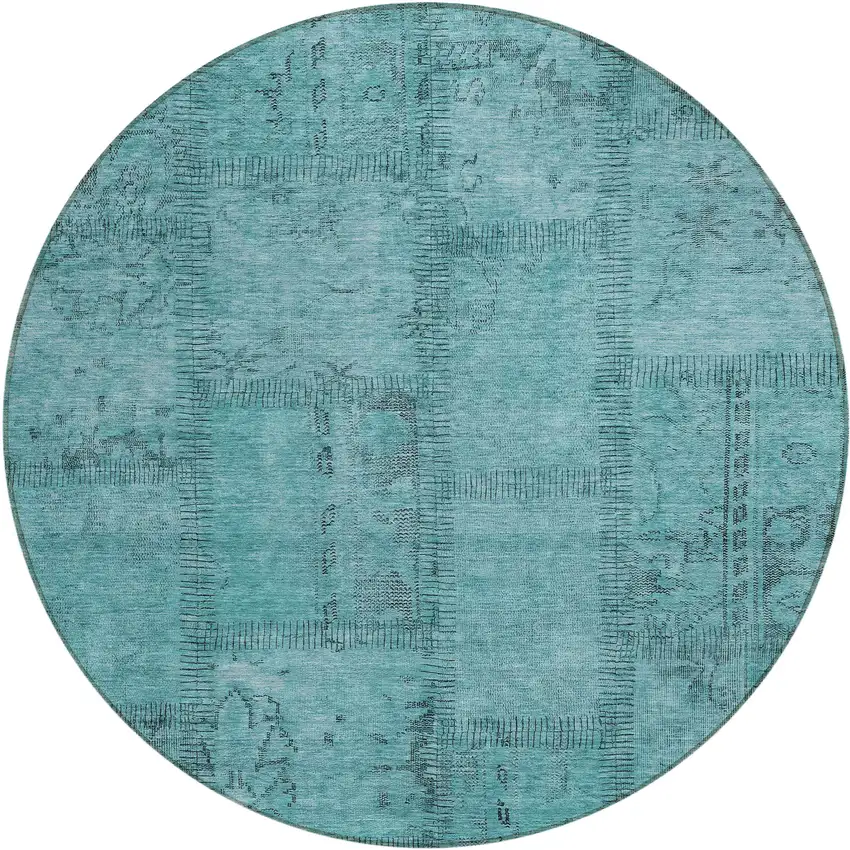 8' Teal Blue And Aqua Round Patchwork Washable Indoor Outdoor Area Rug Photo 2