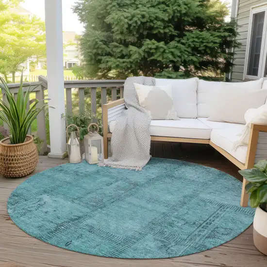 8' Teal Blue And Aqua Round Patchwork Washable Indoor Outdoor Area Rug Photo 6