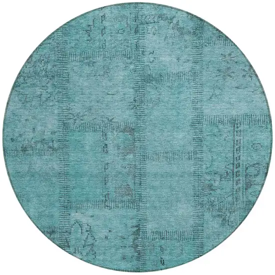 8' Teal Blue And Aqua Round Patchwork Washable Indoor Outdoor Area Rug Photo 5