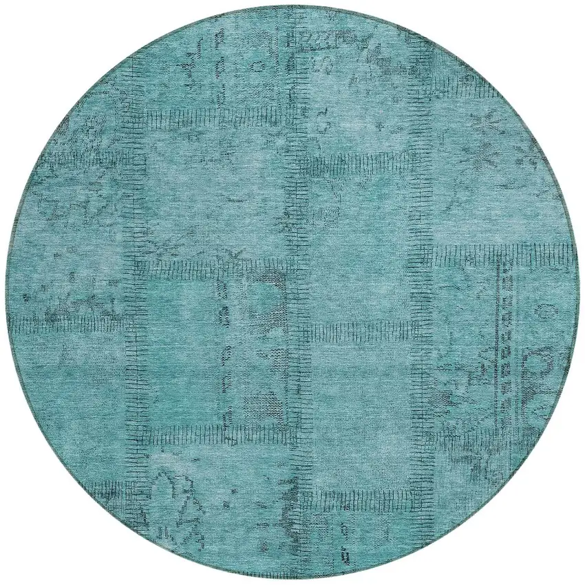 8' Teal Blue And Aqua Round Patchwork Washable Indoor Outdoor Area Rug Photo 5