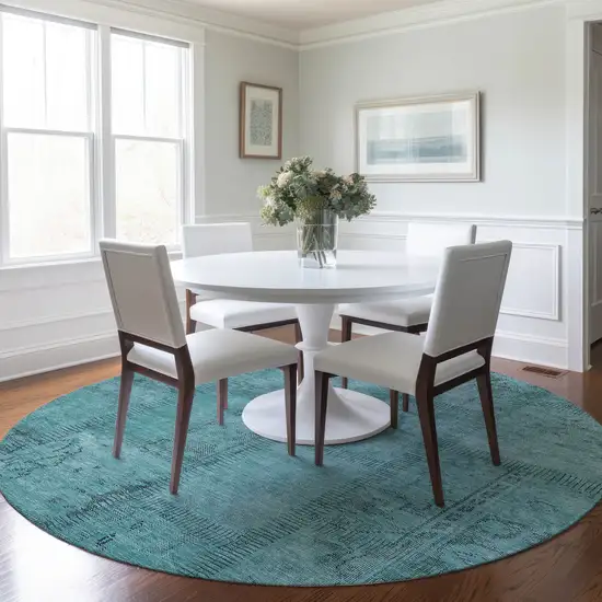 8' Teal Blue And Aqua Round Patchwork Washable Indoor Outdoor Area Rug Photo 7