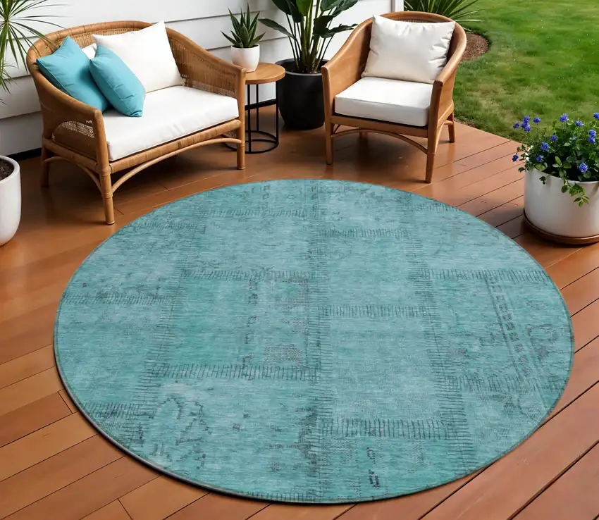 8' Teal Blue And Aqua Round Patchwork Washable Indoor Outdoor Area Rug Photo 1