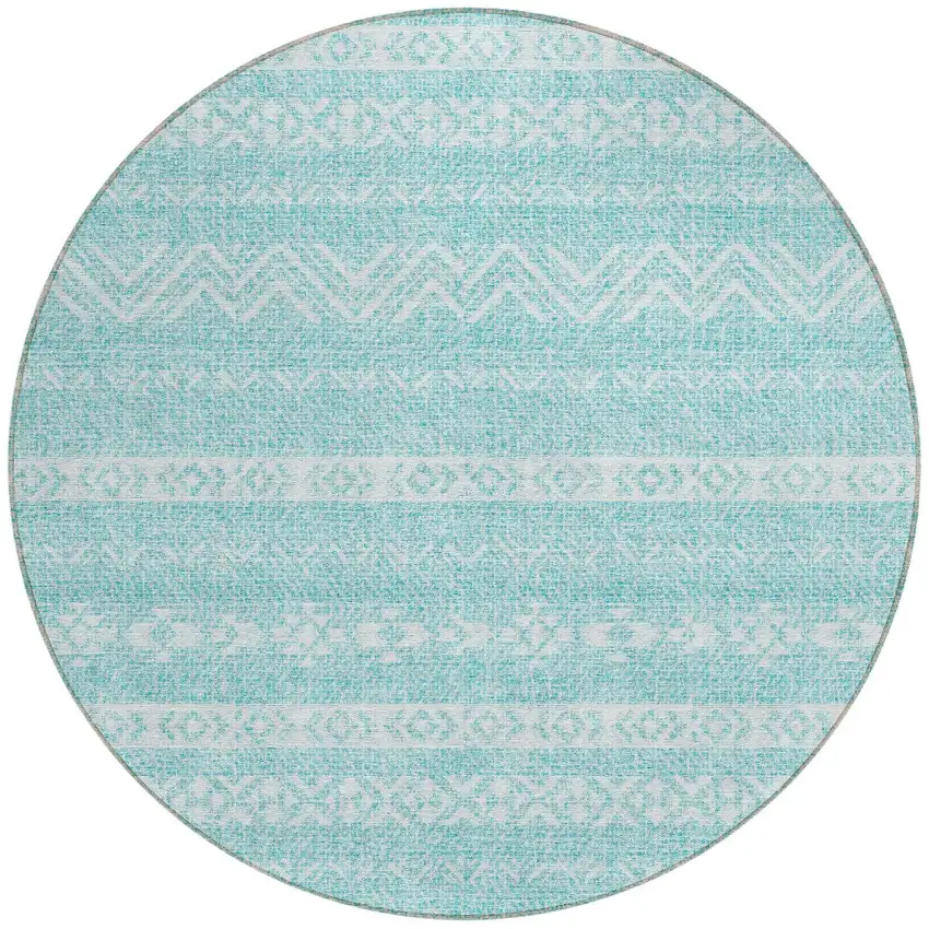 8' Teal Blue And Aqua Round Southwestern Washable Indoor Outdoor Area Rug Photo 5
