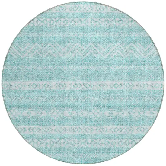 8' Teal Blue And Aqua Round Southwestern Washable Indoor Outdoor Area Rug Photo 5