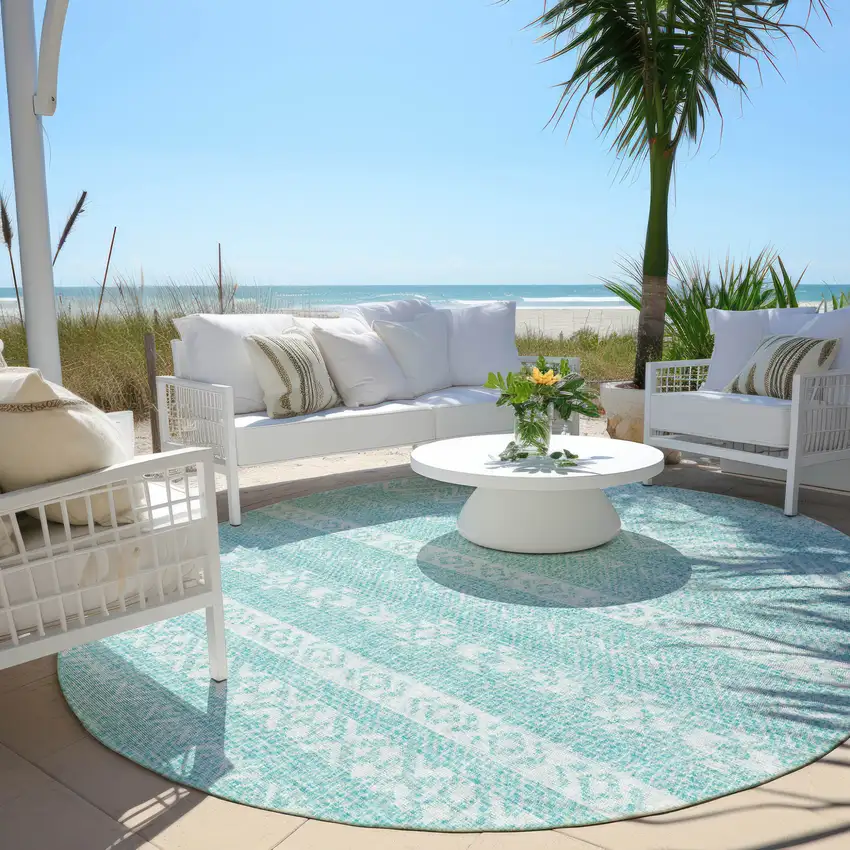 8' Teal Blue And Aqua Round Southwestern Washable Indoor Outdoor Area Rug Photo 6