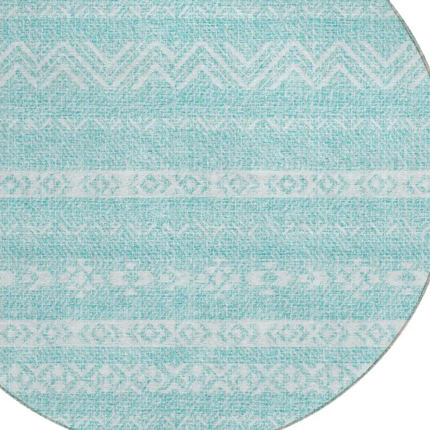 8' Teal Blue And Aqua Round Southwestern Washable Indoor Outdoor Area Rug Photo 4