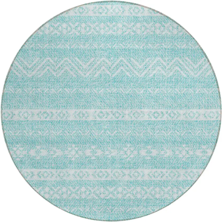 8' Teal Blue And Aqua Round Southwestern Washable Indoor Outdoor Area Rug Photo 2