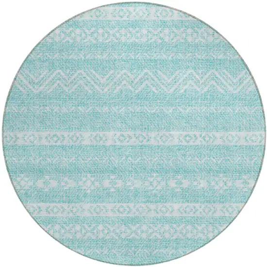 8' Teal Blue And Aqua Round Southwestern Washable Indoor Outdoor Area Rug Photo 2