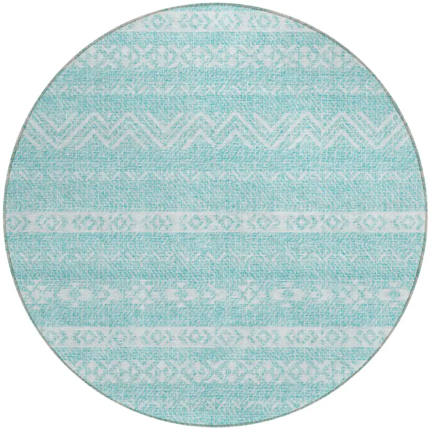 8' Teal Blue And Aqua Round Southwestern Washable Indoor Outdoor Area Rug Photo 2