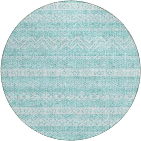 8' Teal Blue And Aqua Round Southwestern Washable Indoor Outdoor Area Rug Photo 2