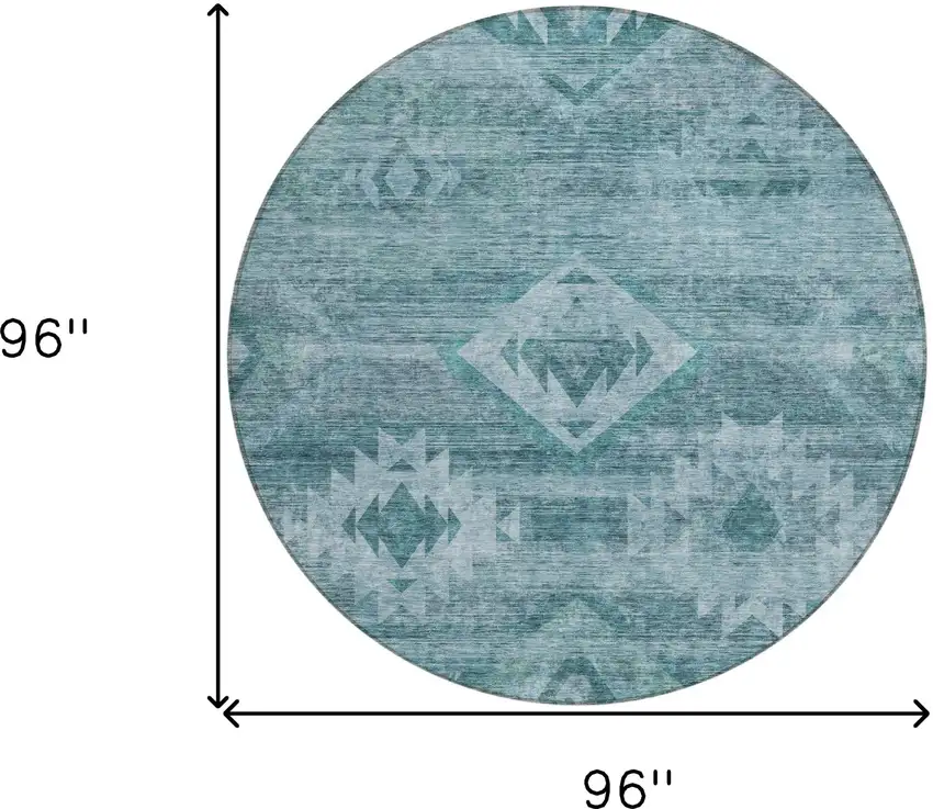 8' Teal Blue And Aqua Round Southwestern Washable Indoor Outdoor Area Rug Photo 3