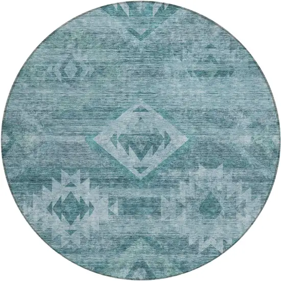 8' Teal Blue And Aqua Round Southwestern Washable Indoor Outdoor Area Rug Photo 2