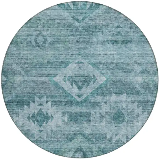 8' Teal Blue And Aqua Round Southwestern Washable Indoor Outdoor Area Rug Photo 2