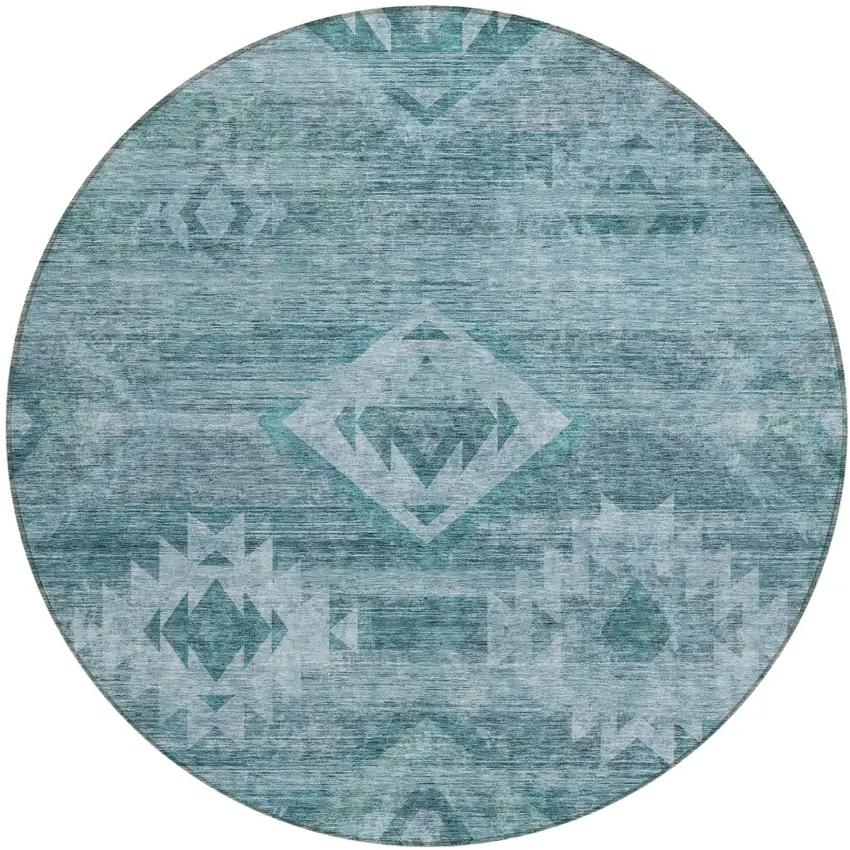 8' Teal Blue And Aqua Round Southwestern Washable Indoor Outdoor Area Rug Photo 2
