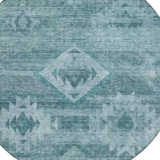 8' Teal Blue And Aqua Round Southwestern Washable Indoor Outdoor Area Rug Photo 4