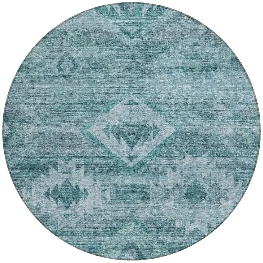 8' Teal Blue And Aqua Round Southwestern Washable Indoor Outdoor Area Rug Photo 5