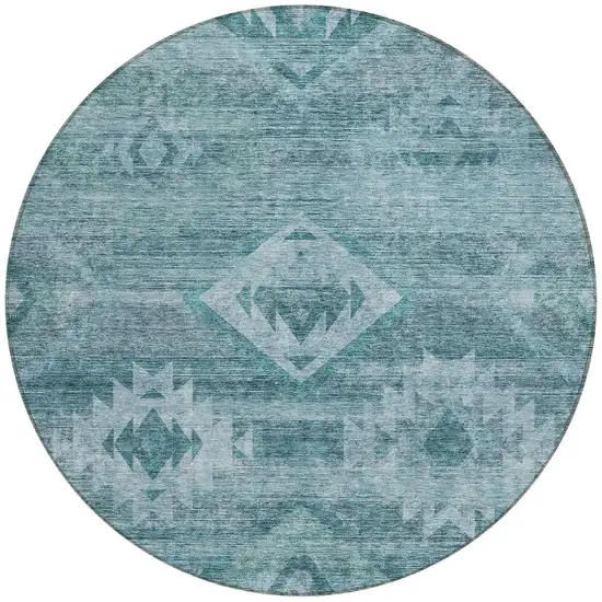 8' Teal Blue And Aqua Round Southwestern Washable Indoor Outdoor Area Rug Photo 5