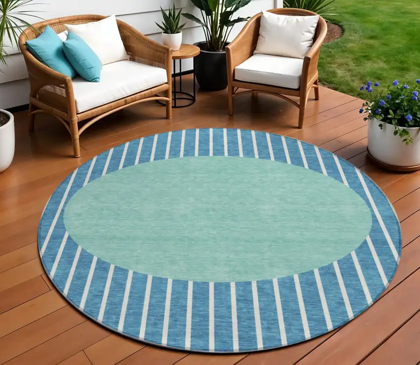 8' Teal Blue And Aqua Round Striped Washable Indoor Outdoor Area Rug Photo 1