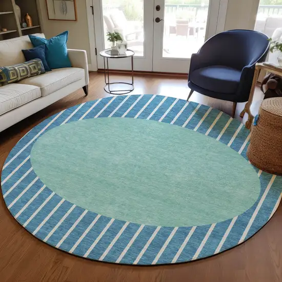 8' Teal Blue And Aqua Round Striped Washable Indoor Outdoor Area Rug Photo 7