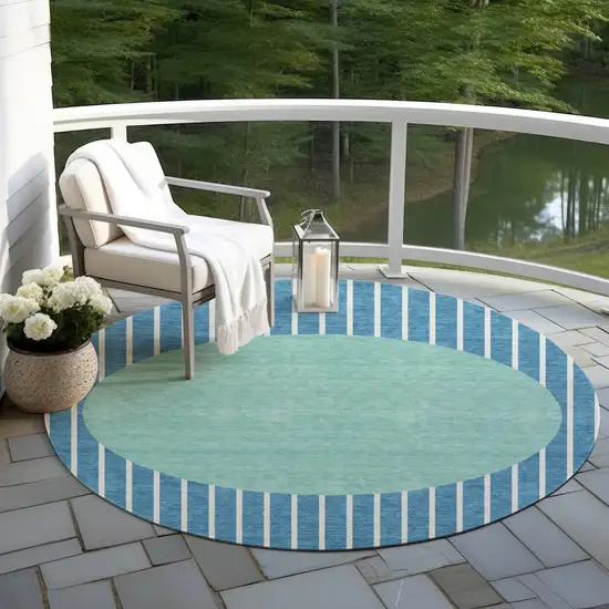 8' Teal Blue And Aqua Round Striped Washable Indoor Outdoor Area Rug Photo 6