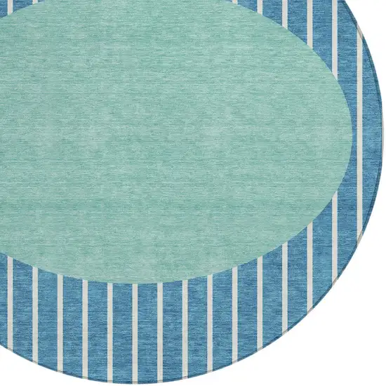 8' Teal Blue And Aqua Round Striped Washable Indoor Outdoor Area Rug Photo 4