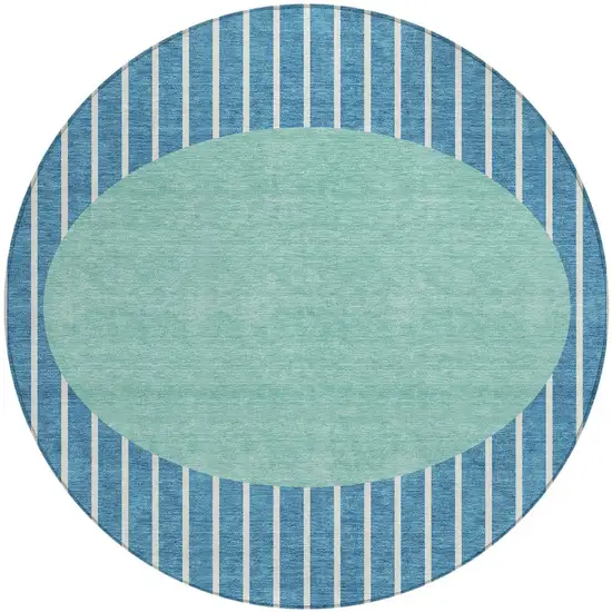 8' Teal Blue And Aqua Round Striped Washable Indoor Outdoor Area Rug Photo 5