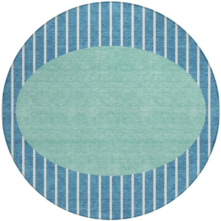 8' Teal Blue And Aqua Round Striped Washable Indoor Outdoor Area Rug Photo 5