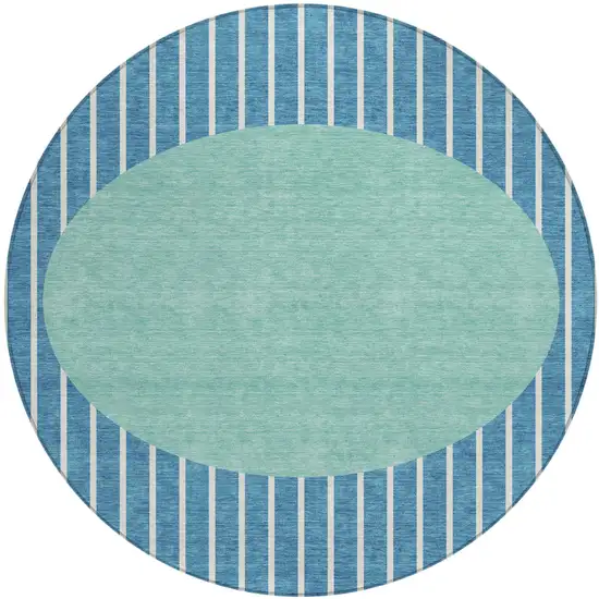 8' Teal Blue And Aqua Round Striped Washable Indoor Outdoor Area Rug Photo 2