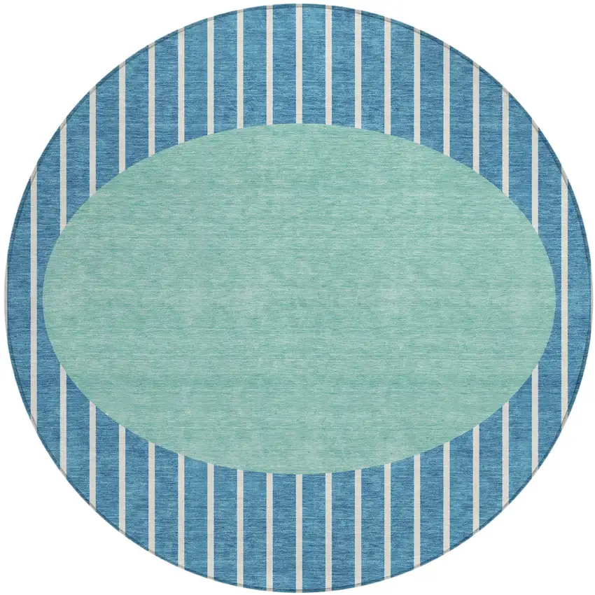 8' Teal Blue And Aqua Round Striped Washable Indoor Outdoor Area Rug Photo 2