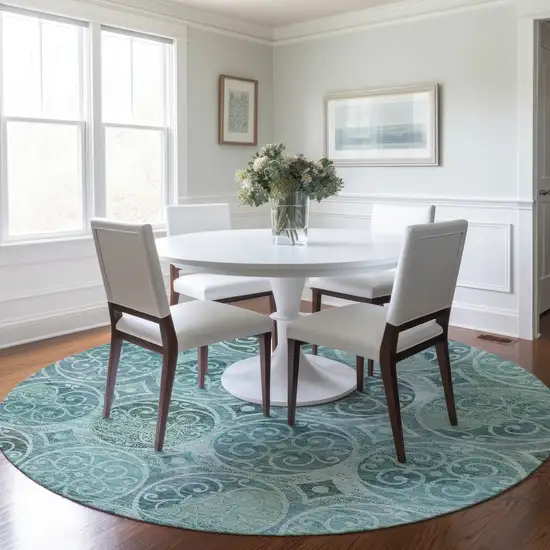 8' Teal Blue And Aqua Round Trellis Washable Indoor Outdoor Area Rug Photo 7