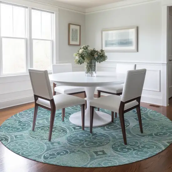8' Teal Blue And Aqua Round Trellis Washable Indoor Outdoor Area Rug Photo 7