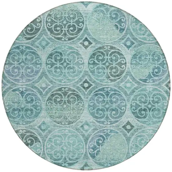 8' Teal Blue And Aqua Round Trellis Washable Indoor Outdoor Area Rug Photo 5