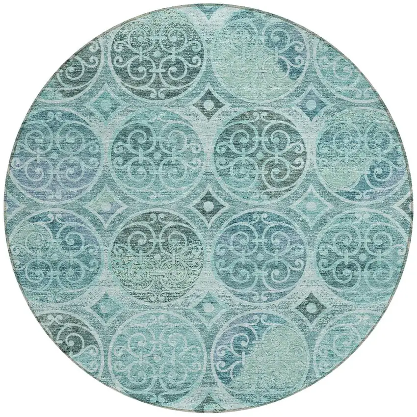 8' Teal Blue And Aqua Round Trellis Washable Indoor Outdoor Area Rug Photo 5