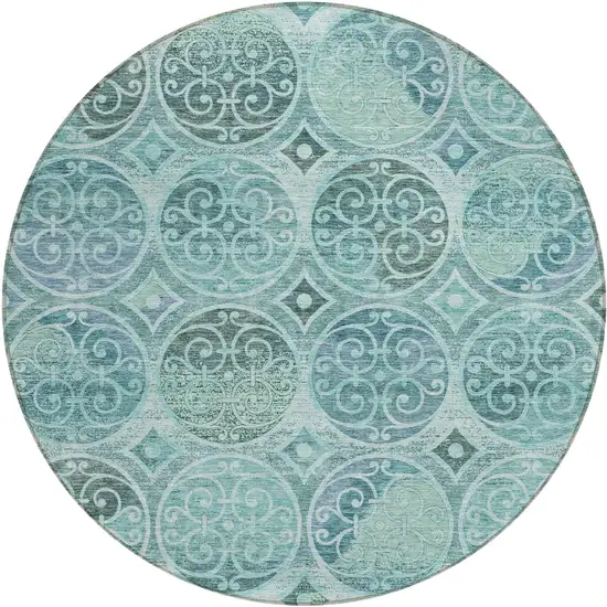 8' Teal Blue And Aqua Round Trellis Washable Indoor Outdoor Area Rug Photo 1